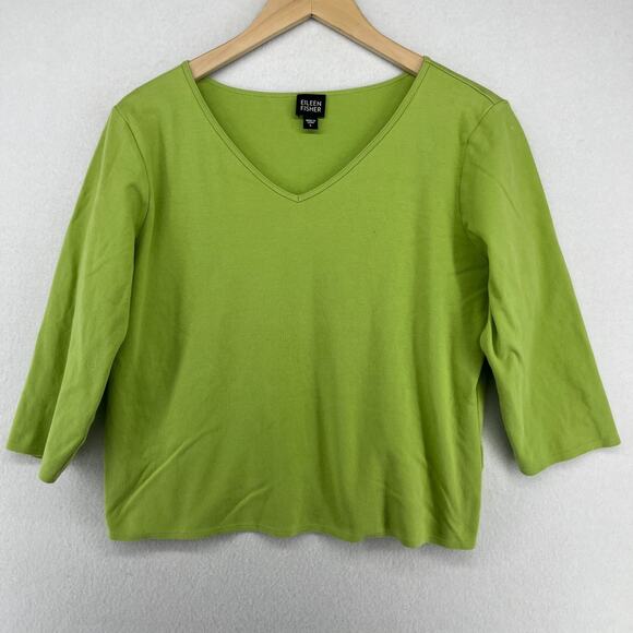 EILEEN FISHER Top L Pure Cotton Interlock Jersey V-Neck 3/4 Sleeve Green - Picture 1 of 14